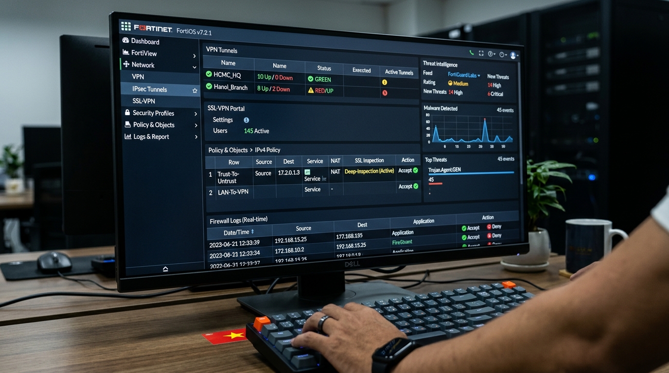 Màn hình FortiOS hiển thị VPN tunnels, SSL inspection và threat intelligence dashboard thực tế