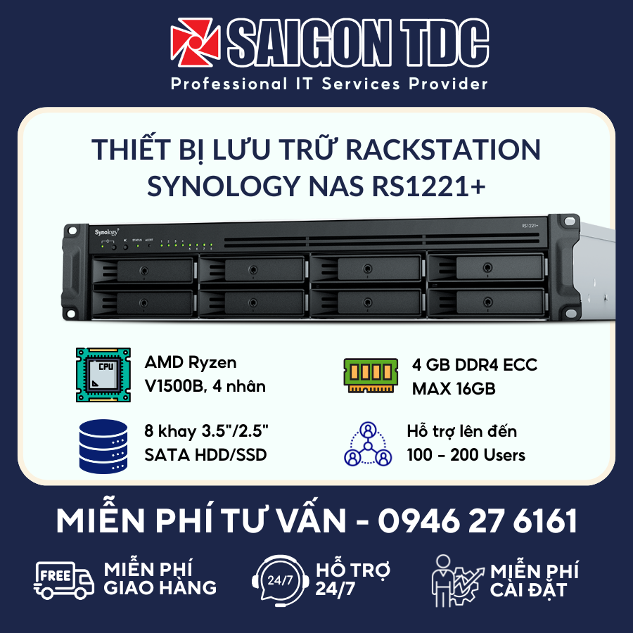 Thiết Bị Lưu Trữ NAS 8 bay Synology Rack 2U RS1221+