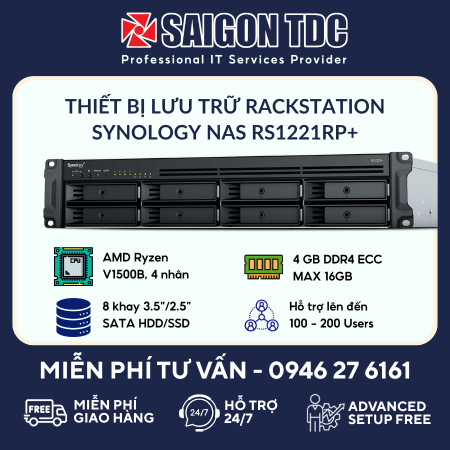 Thiết Bị Lưu Trữ NAS 8 bay  Synology Rack 2U RS1221RP+